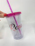 Clear Tumbler with pink lid 16oz. On Sale